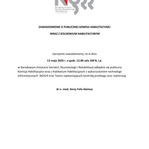Zawiadomienie o Publicznej Komisji Habilitacyjnej wraz z kolokwium habilitacyjnym