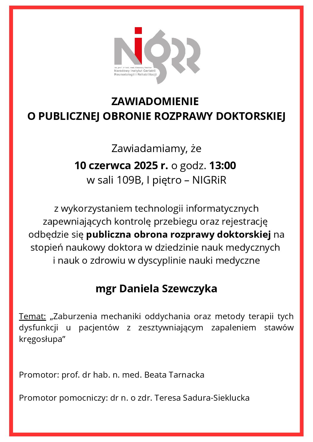 „Zawiadomienie o publicznej obronie rozprawy doktorskiej”