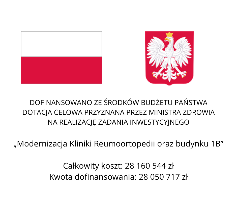 Zmieniamy się dla naszych Pacjentów: z dumą informujemy, że Narodowy Instytut Geriatrii, Reumatologii i Rehabilitacji otrzymał dofinansowanie ze środków budżetu państwa – Ministerstwa Zdrowia – na modernizację Kliniki Reumoortopedii oraz budynku 1B.