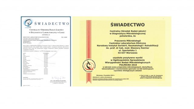 Certyfikaty jakości Centralnego Laboratorium Klinicznego.